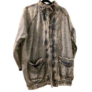Vintage 1980s Pan Asia Denim Jacket Long Acid Washed Shoulder Pads Lined Retro L